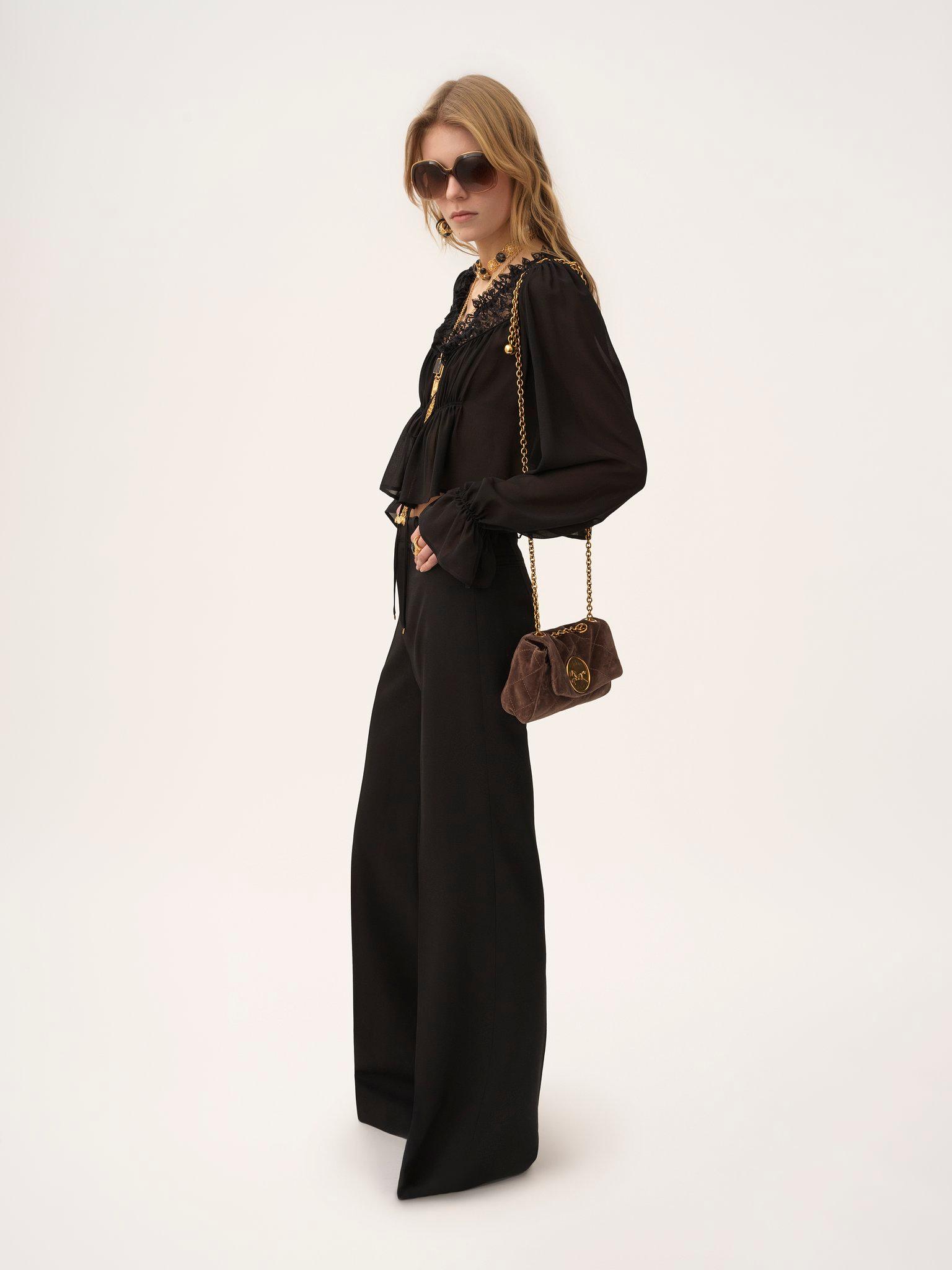 Scoop-neck cropped top in silk georgette & lace Product Image