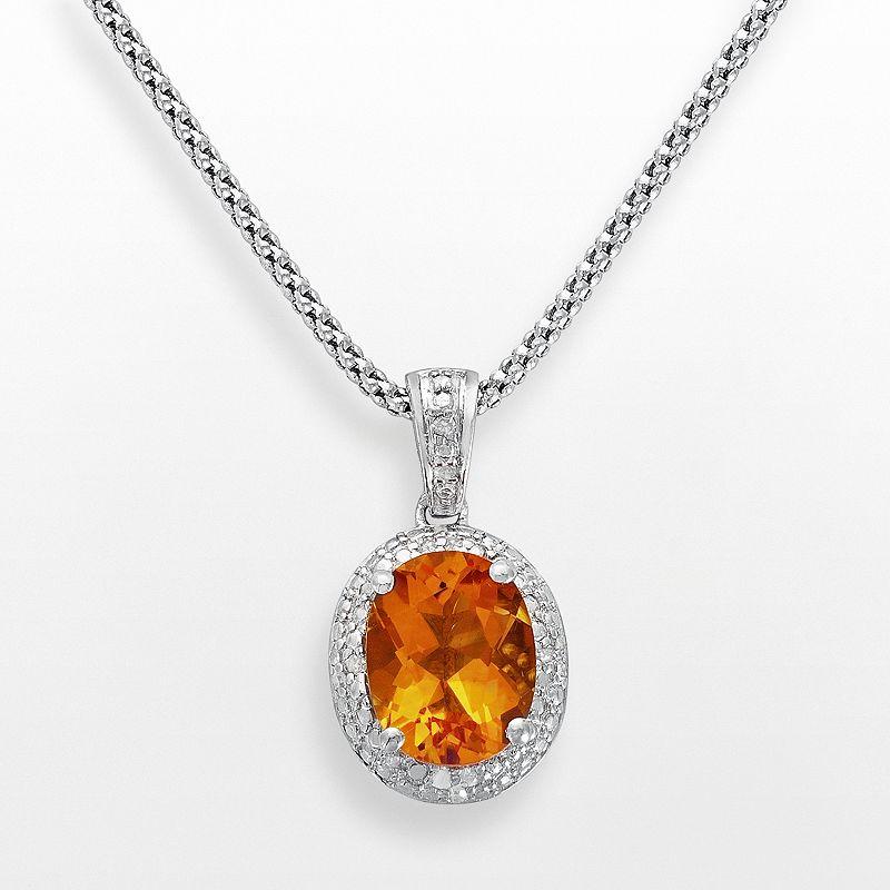 Sterling Silver Citrine and Diamond Accent Oval Frame Pendant, Women's, Size: 18", Orange Product Image