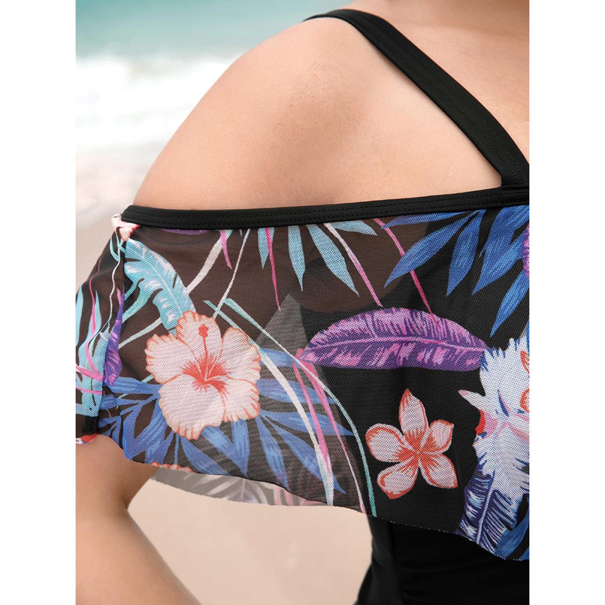 Plus Size Floral Patchwork Asymmetrical Ruffle Trim Crisscross One Piece Swimsuit Women's Swimwear Black Vacation Adjustable Straps Curve Bathing Suits High stretch One Pieces BloomChic 28/5X Product Image