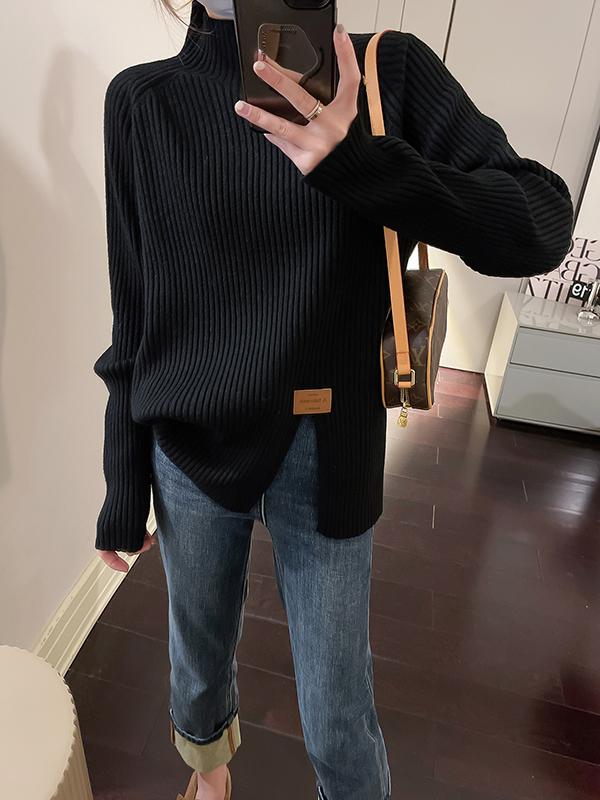 Long Sleeves Loose Split-Front Mock Neck Pullovers Sweater Tops Product Image