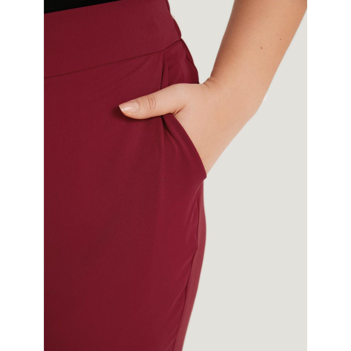 Plus Size Solid Button Detail Slant Pocket High Rise Pants Women Scarlet Office Straight Leg High Rise Office Pants BloomChic 30/6X Product Image