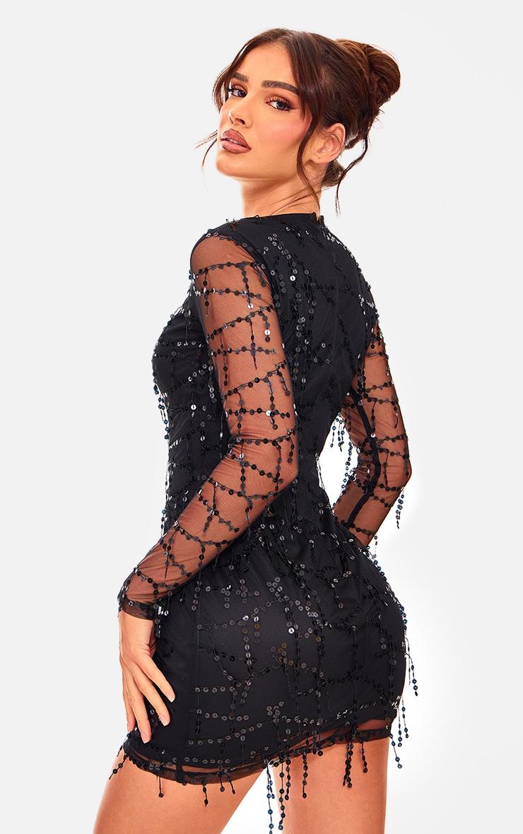 Black Sequin Detail Long Sleeve Mini Dress Product Image