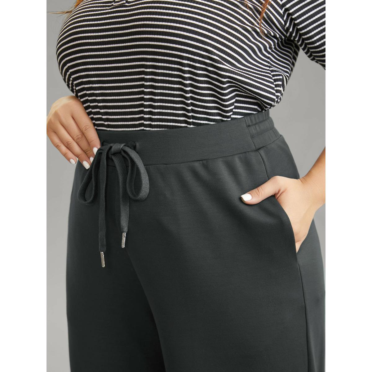 Plus Size Plain Wideband Waist Drawstring Pants Women DimGray Casual Straight Leg Mid Rise Dailywear Pants BloomChic 14-16/1X Product Image