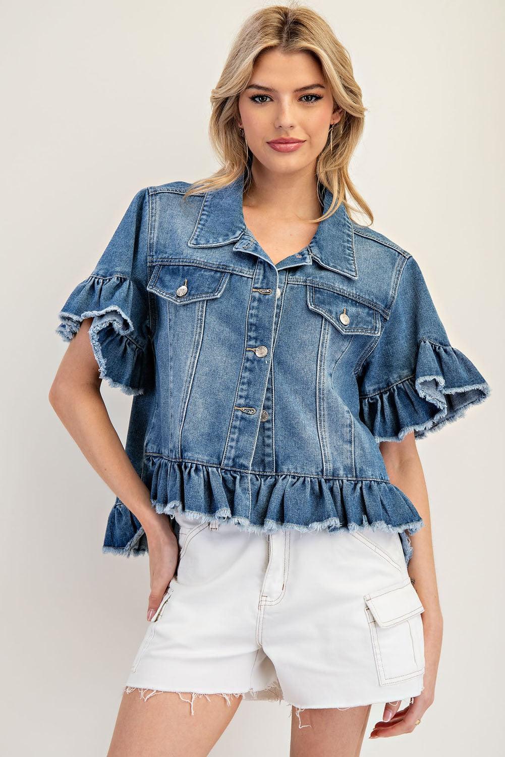 Ruffle Edge Short Sleeve Denim Jacket Product Image