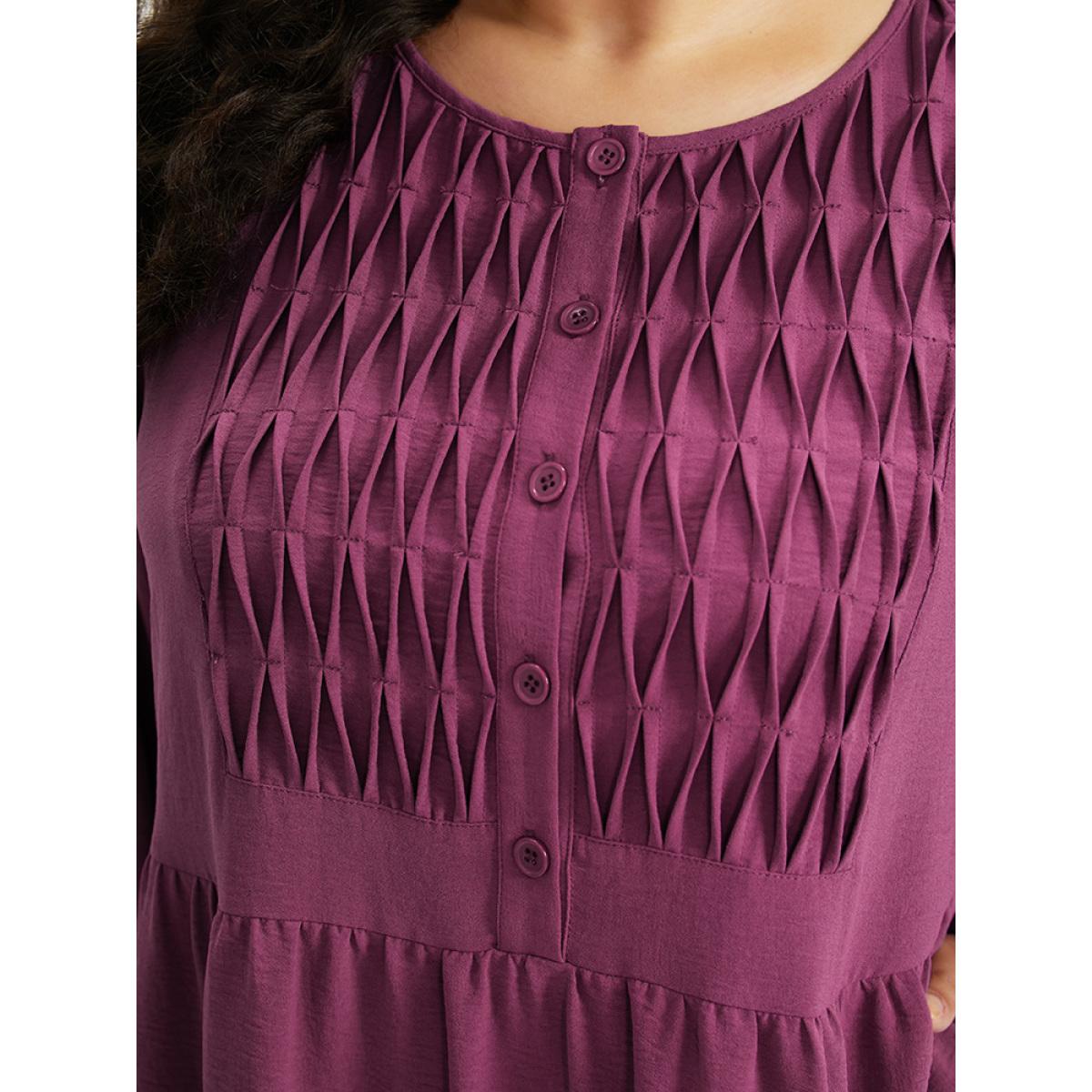 Plus Size Plain Plicated Detail Layered Hem Dress RedViolet Women Elegant Elastic cuffs Round Neck Long Sleeve Curvy Midi Dress BloomChic 10/M Product Image