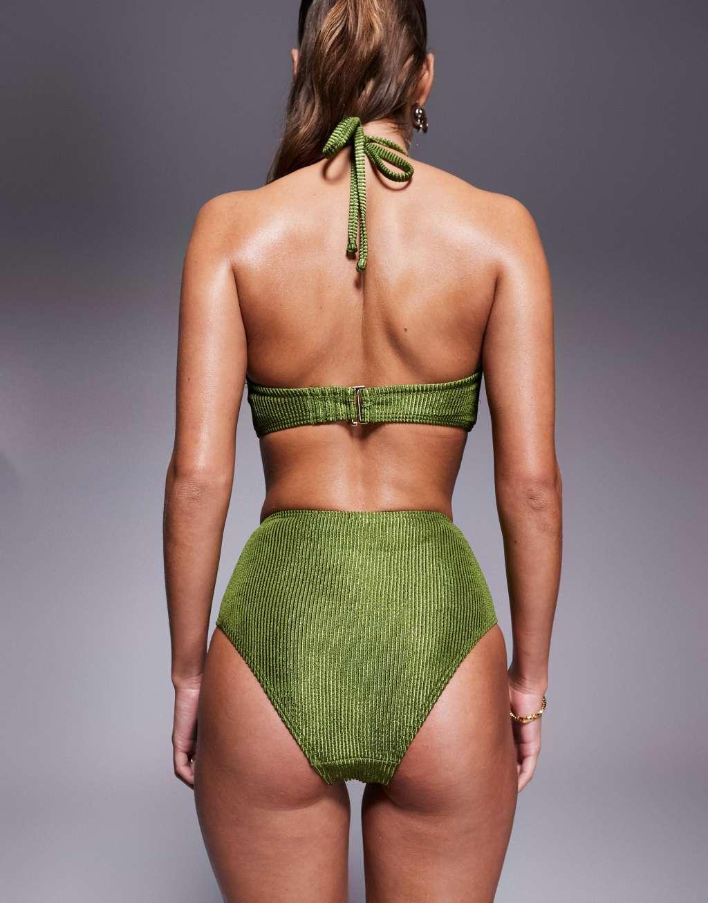 South Beach crinkle high waist bikini bottoms in green Product Image