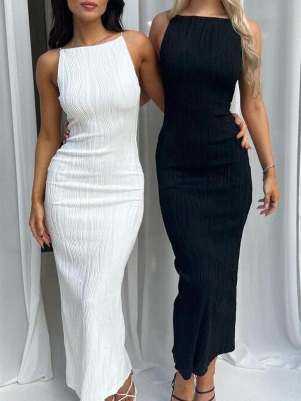 Bodycon Sleeveless Pleated Solid Color Split-Back Split-Joint Zipper Spaghetti-Neck Maxi Dresses Product Image