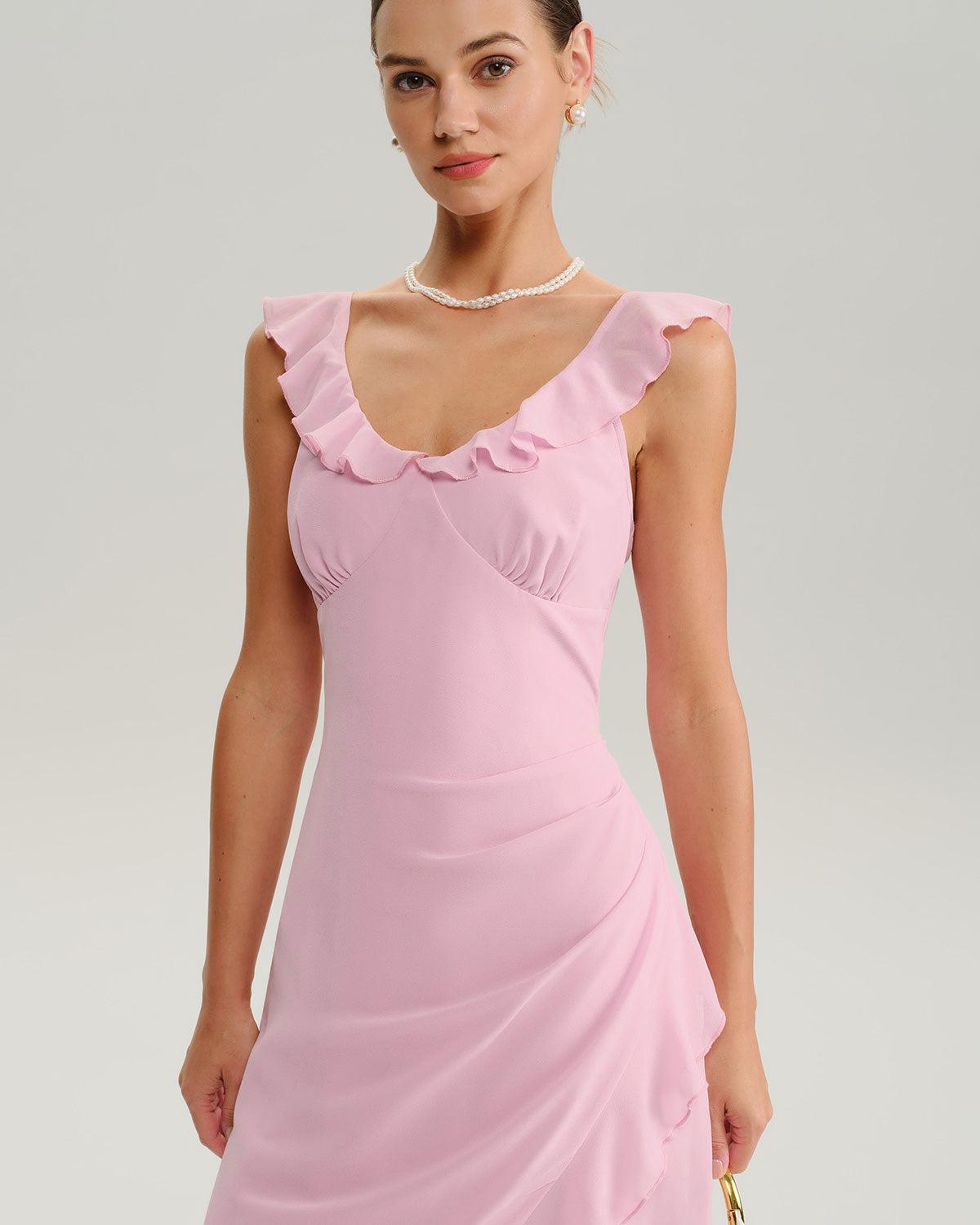 Pink V Neck Ruffle Sleeveless Midi Dress Product Image