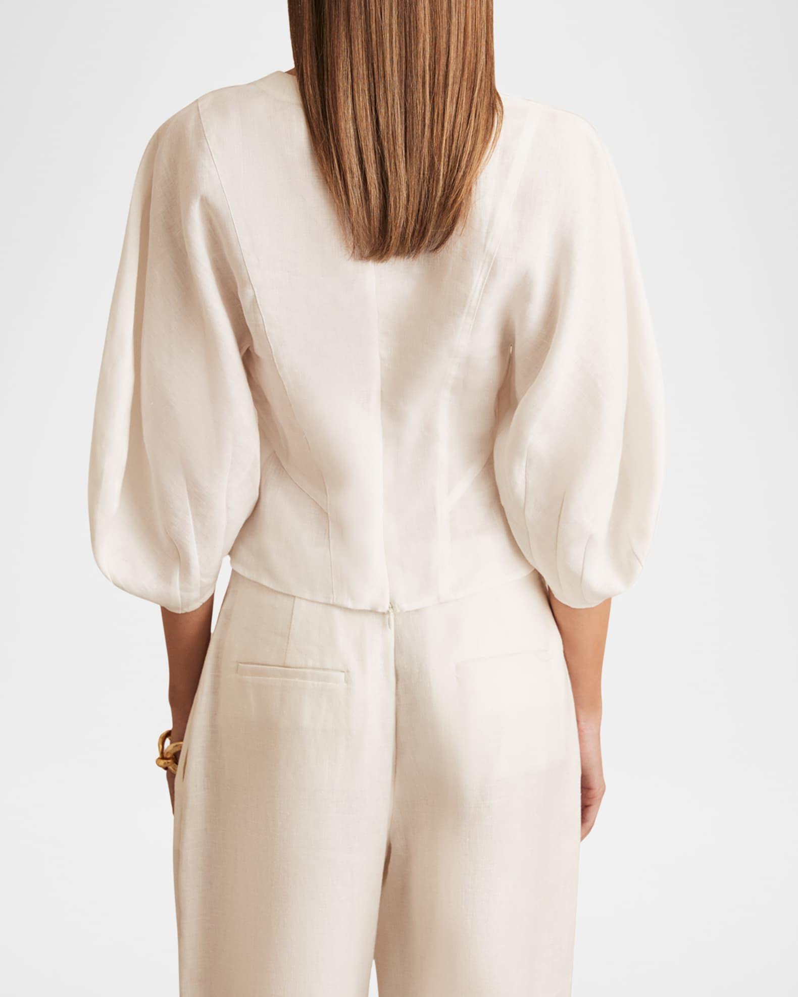 Remi Cropped Blouson-Sleeve Linen Blouse Product Image