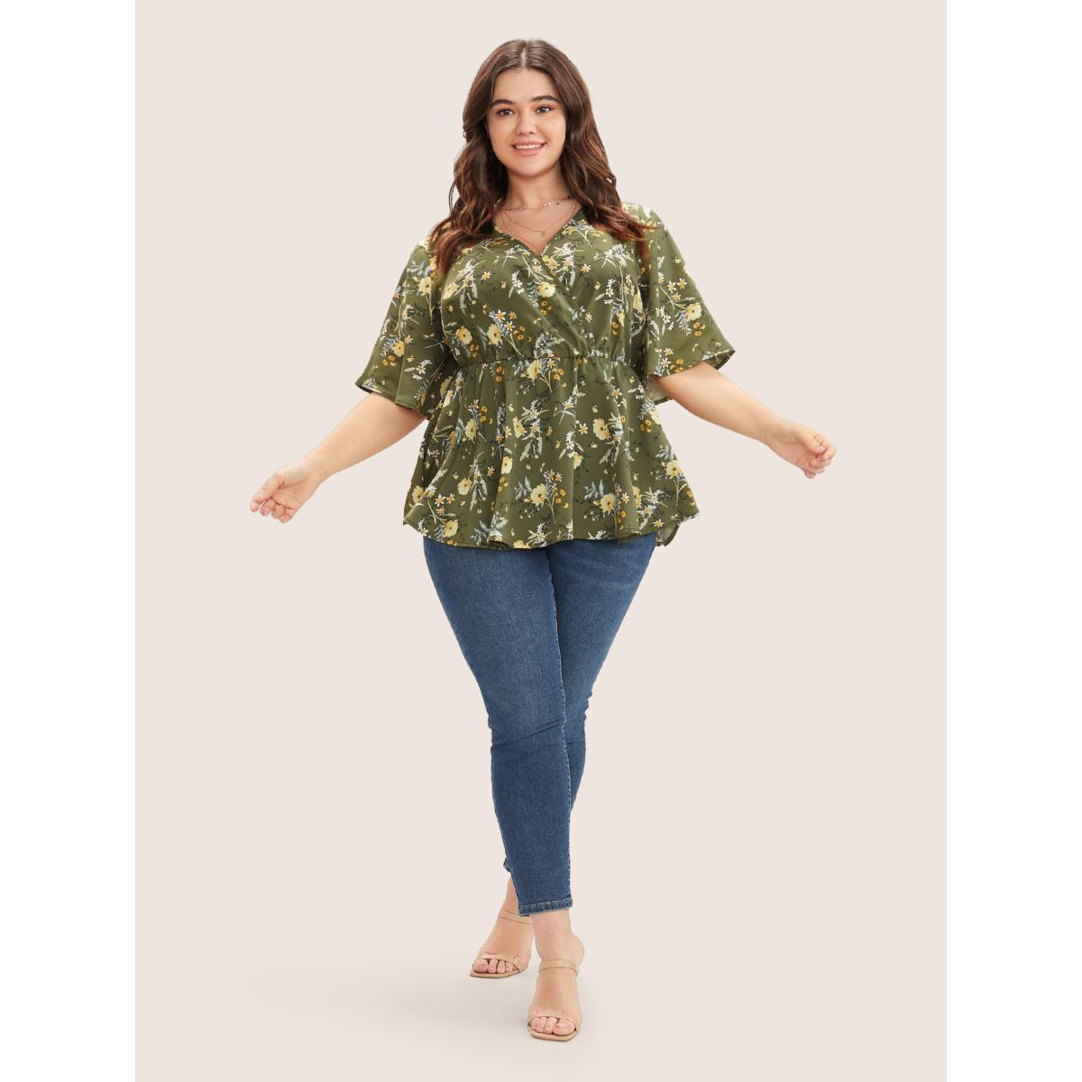 Plus Size Moss Floral Print Ruffles Surplice Neck Blouse Women Elegant Half Sleeve V-neck Everyday Blouses BloomChic 30/6X Product Image