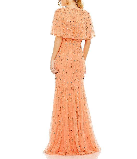 Mac Duggal Beaded Floral Illusion Short Cape Sleeve Sheath Gown Product Image