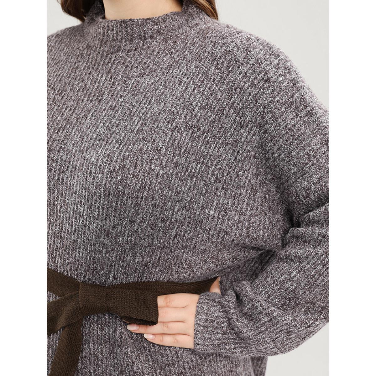 Plus Size Solid Pointelle Knit Mock Neck Belted Heather Knit Top Brown Women Casual Long Sleeve Mock Neck Dailywear Pullovers BloomChic 28/5X Product Image