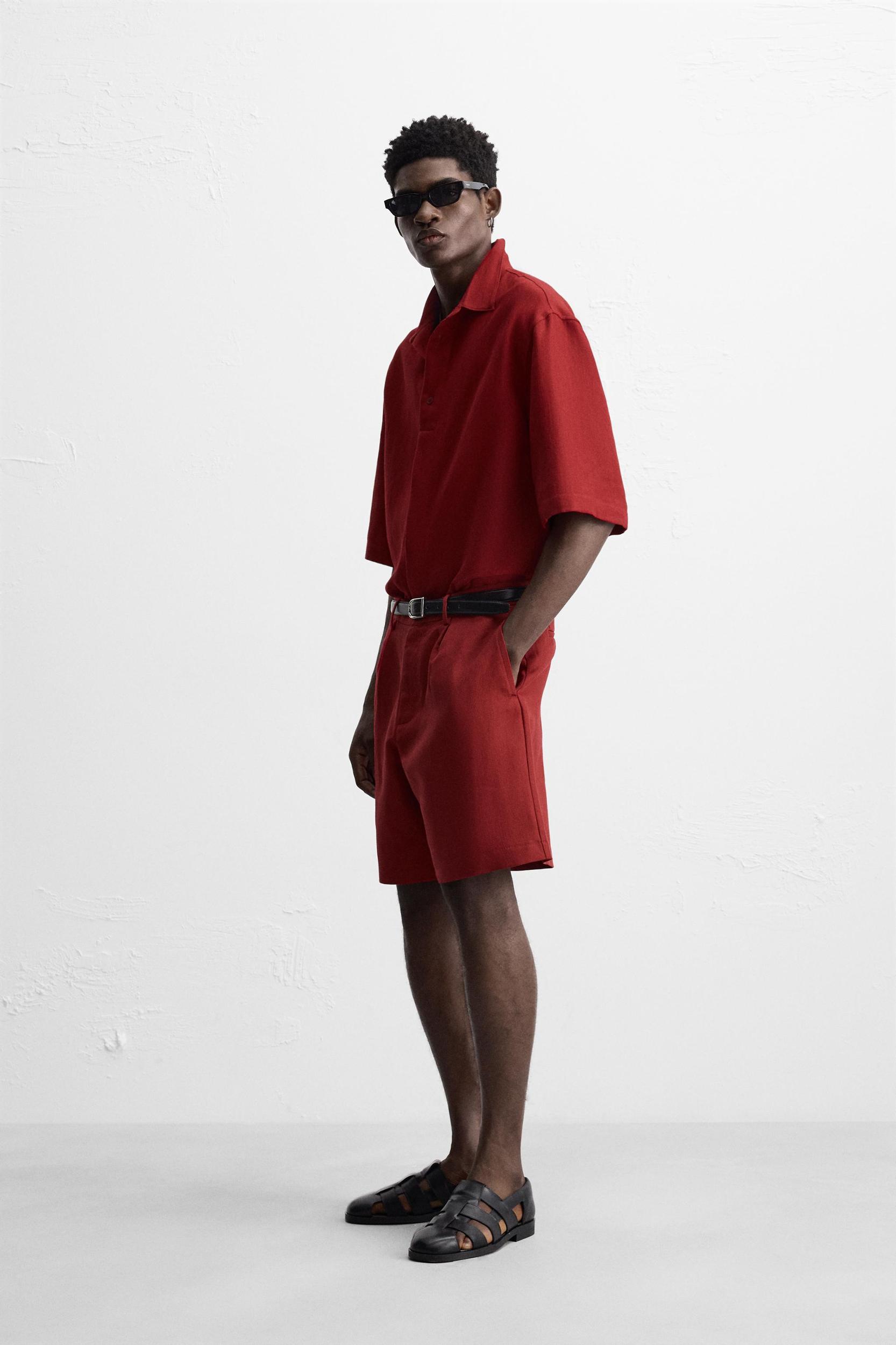 COTTON LINEN TEXTURED BERMUDA SHORTS Product Image