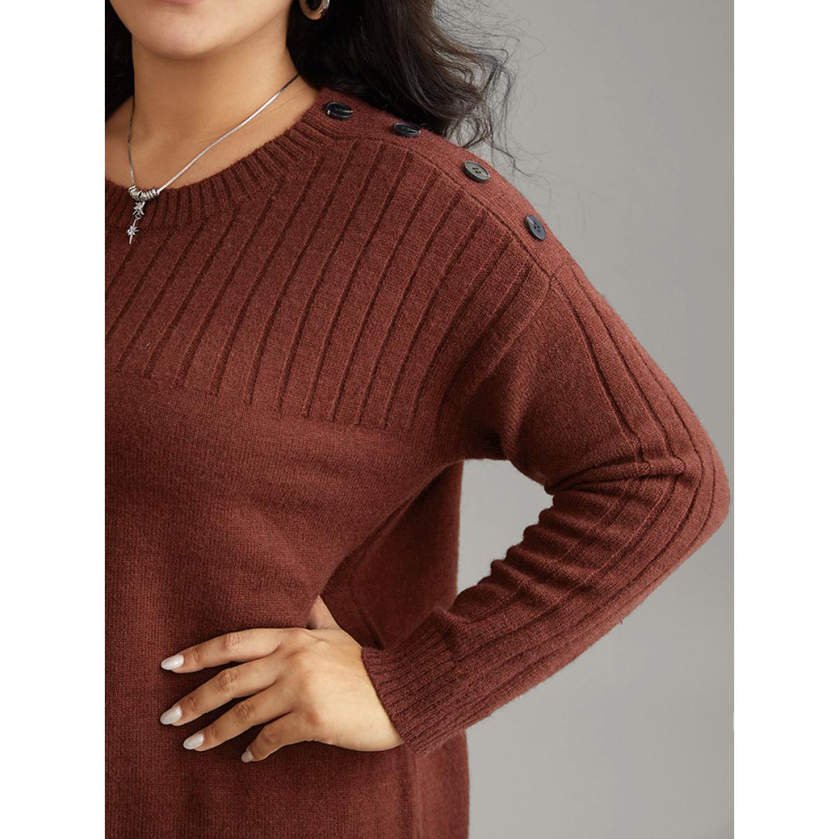 Plus Size Supersoft Essentials Solid Button Detail Knit Pullover Burgundy Women Casual Loose Long Sleeve Round Neck Dailywear Pullovers BloomChic 14-16/1X Product Image
