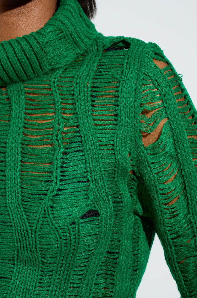 SEXY LOOSE WEAVE HIGH NECK SWEATER IN GREEN Product Image
