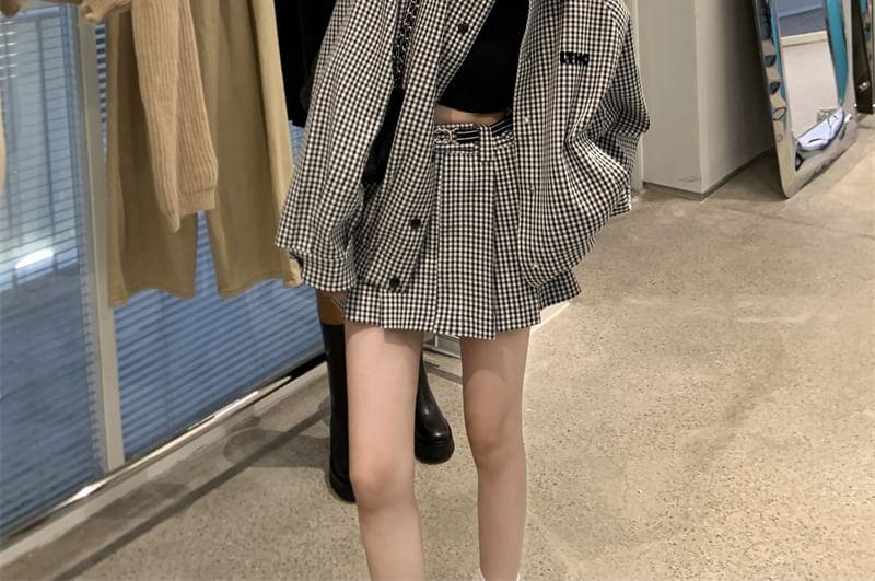 Gingham Contrast Collar Button-Up Shirt Jacket / High Waist Pleated Mini A-Line Skirt Product Image