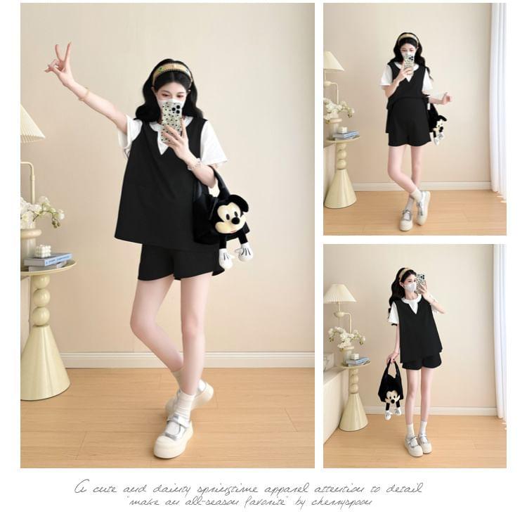 Maternity Set: Short-Sleeve Round Neck Mock Two Piece Tee + High Waist Plain Shorts Product Image