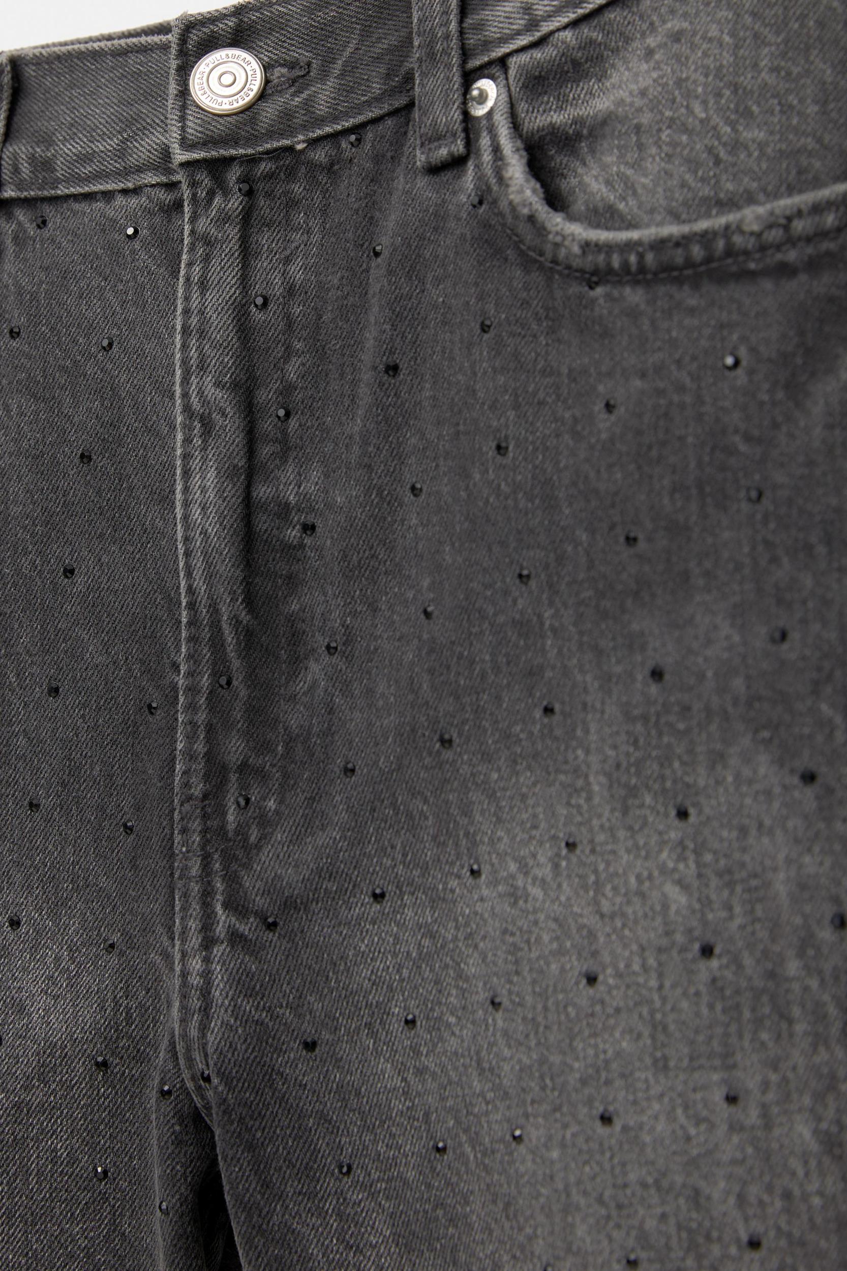 High-rise denim Bermuda shorts with rhinestones Product Image