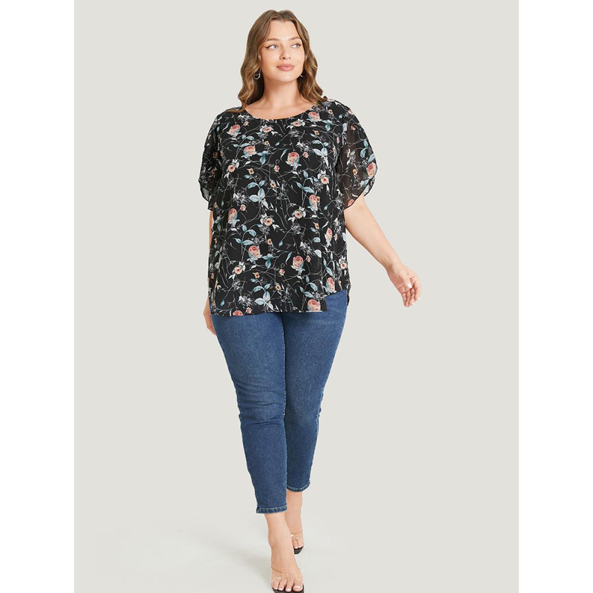Plus Size Black Floral Split Sleeve Chiffon Blouse Women Elegant Short sleeve Round Neck Dailywear Blouses BloomChic 30/6X Product Image