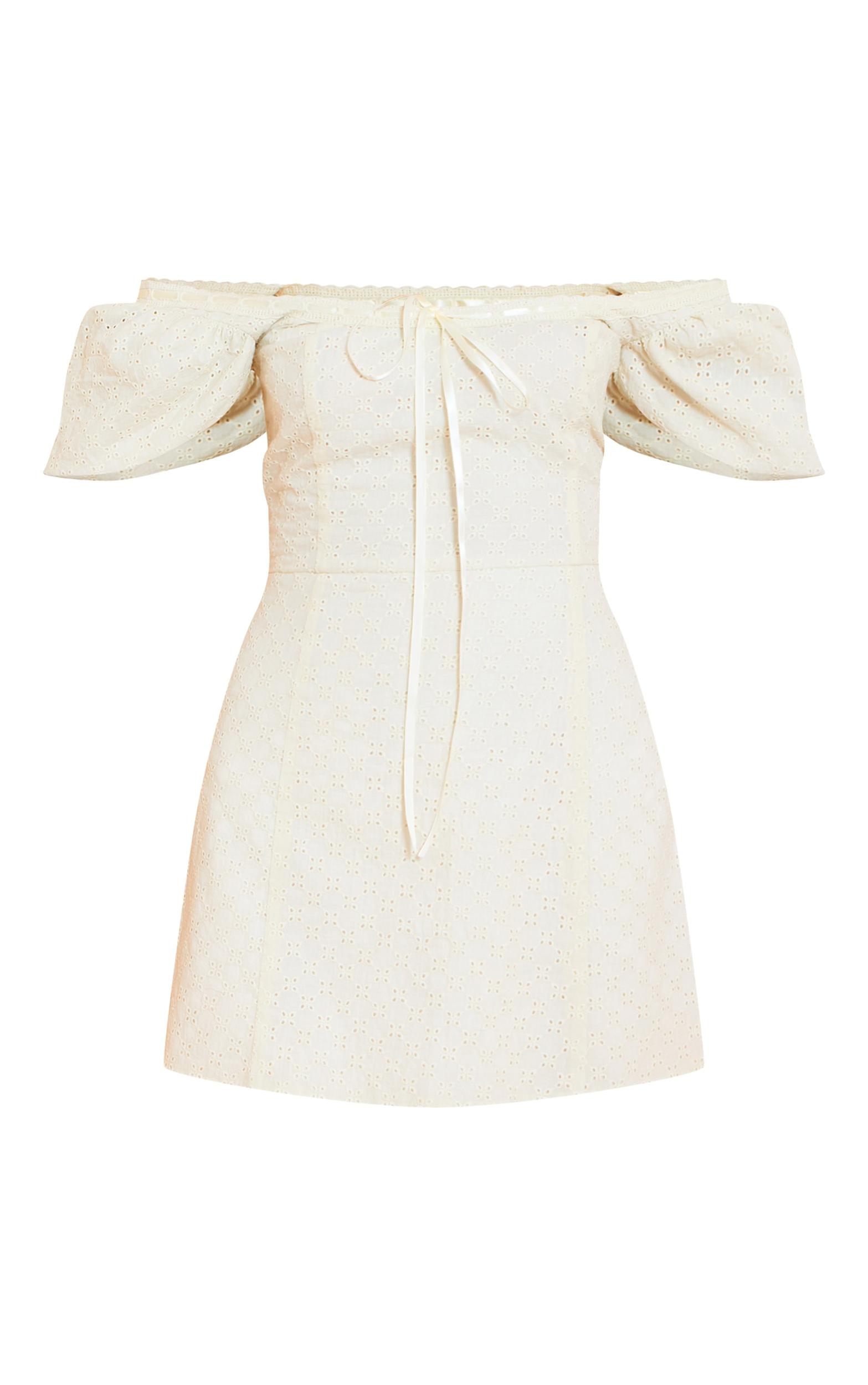 Cream Broderie Puff Sleeve A-line Mini Dress Product Image