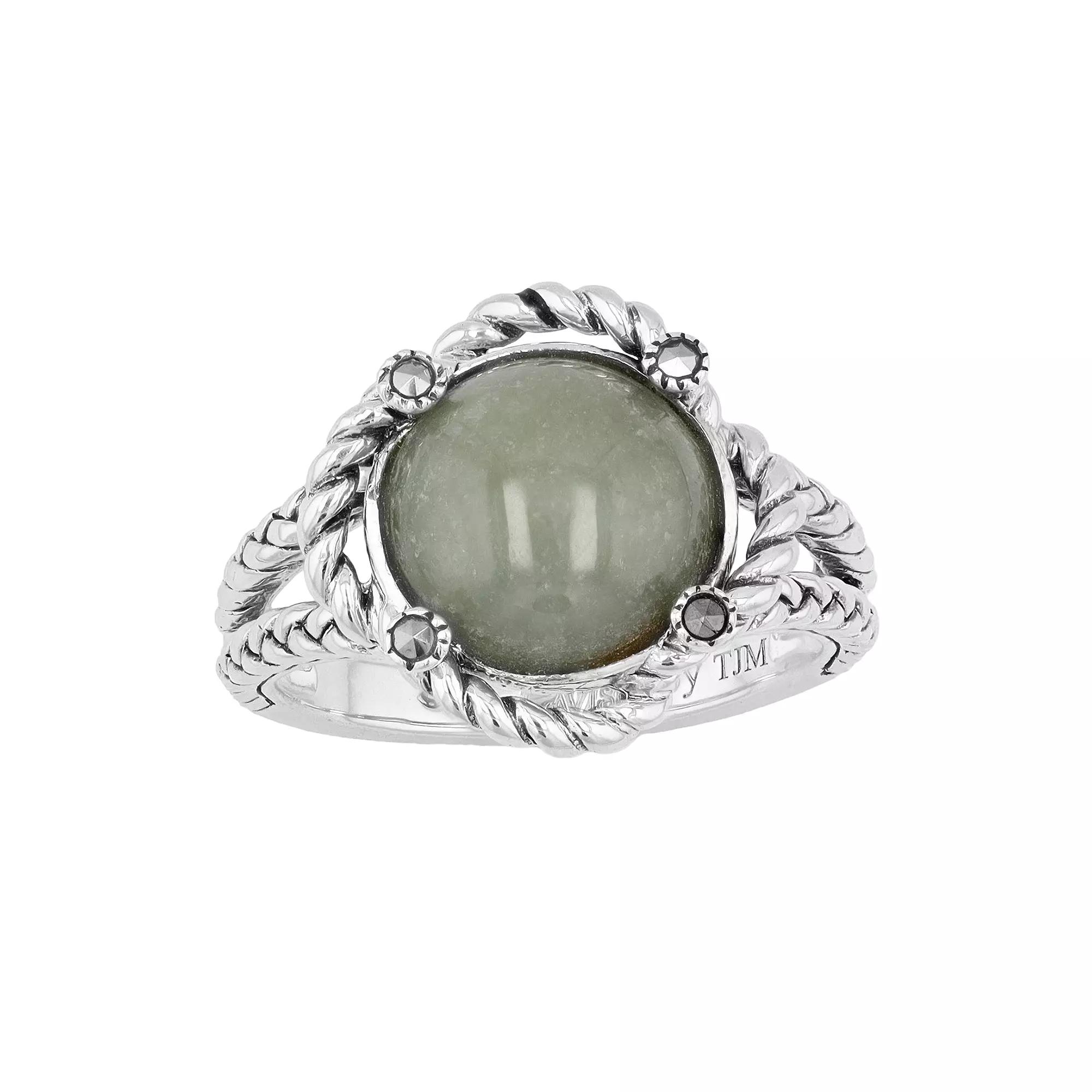 Lavish by TJM Sterling Silver Jade Cabochon & Marcasite Ring, Womens Product Image