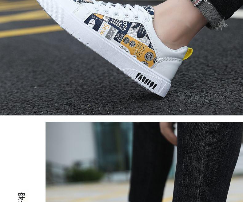 Lettering Print Lace-Up Faux Leather Sneakers Product Image