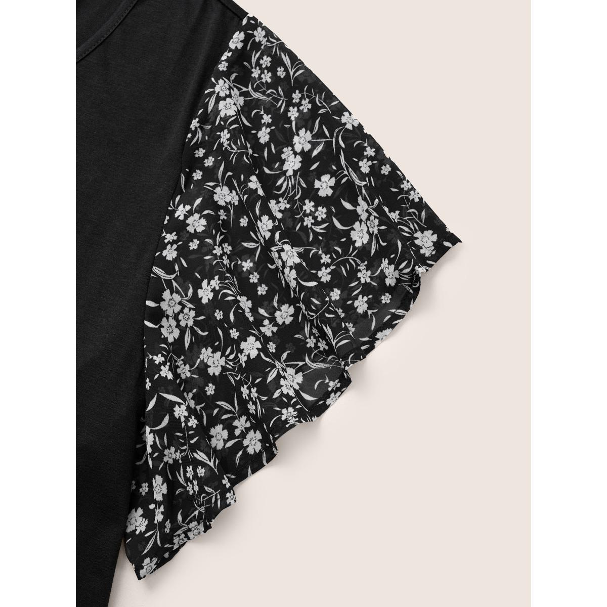 Plus Size Ditsy Floral Ruffle Sleeve Round Neck T-Shirt Black Women Elegant Ditsy Floral Everyday T-shirts BloomChic 28/5X Product Image