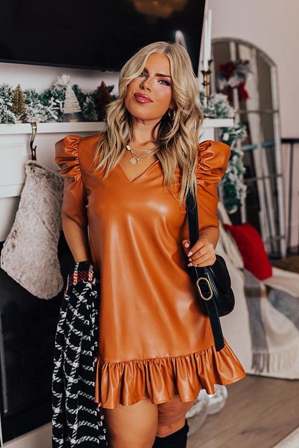 Stylish Setting Faux Leather Mini Dress in Camel Curves Product Image