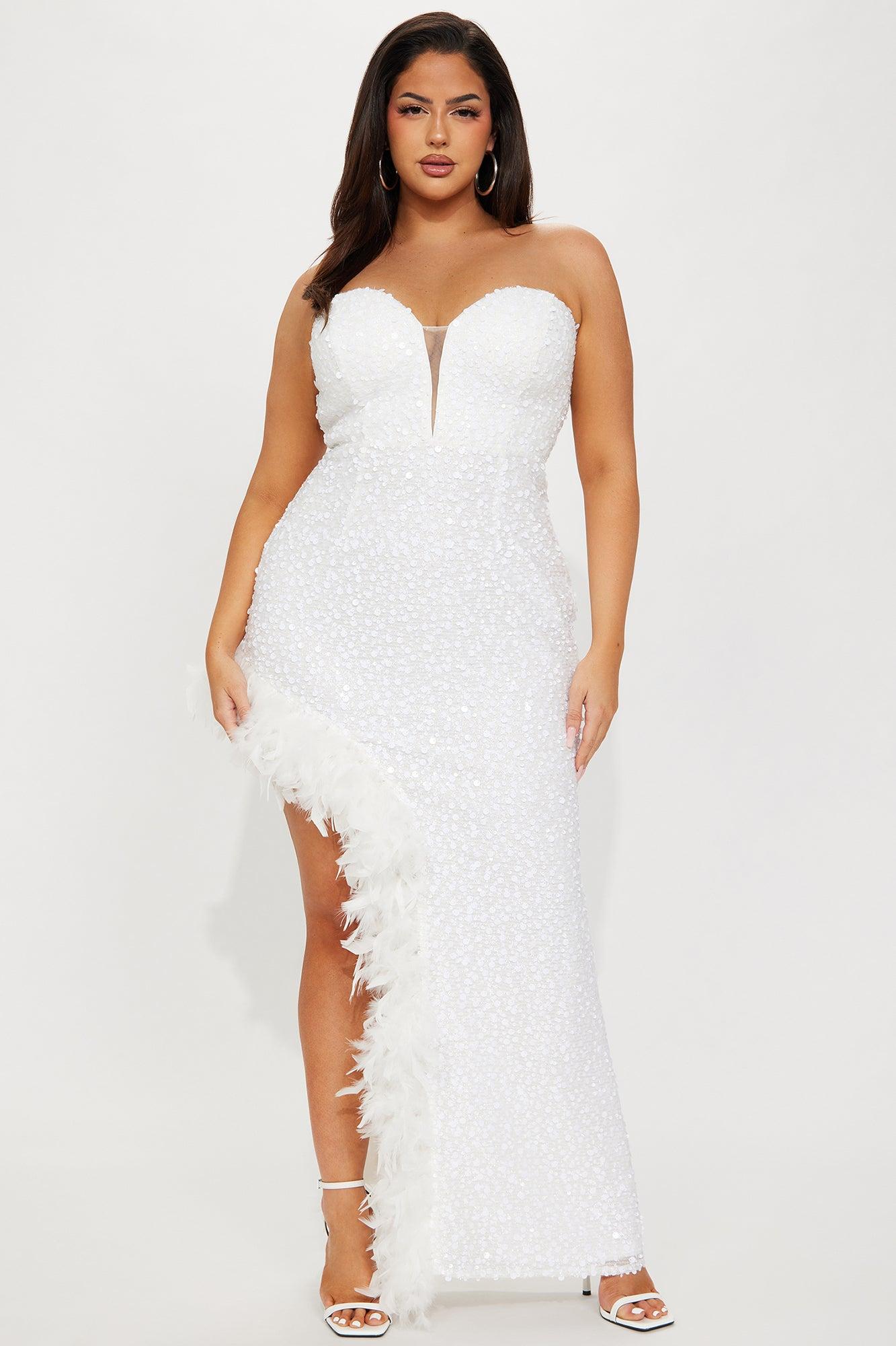 Sweetheart Sequin Feathered Maxi Dress - White Product Image