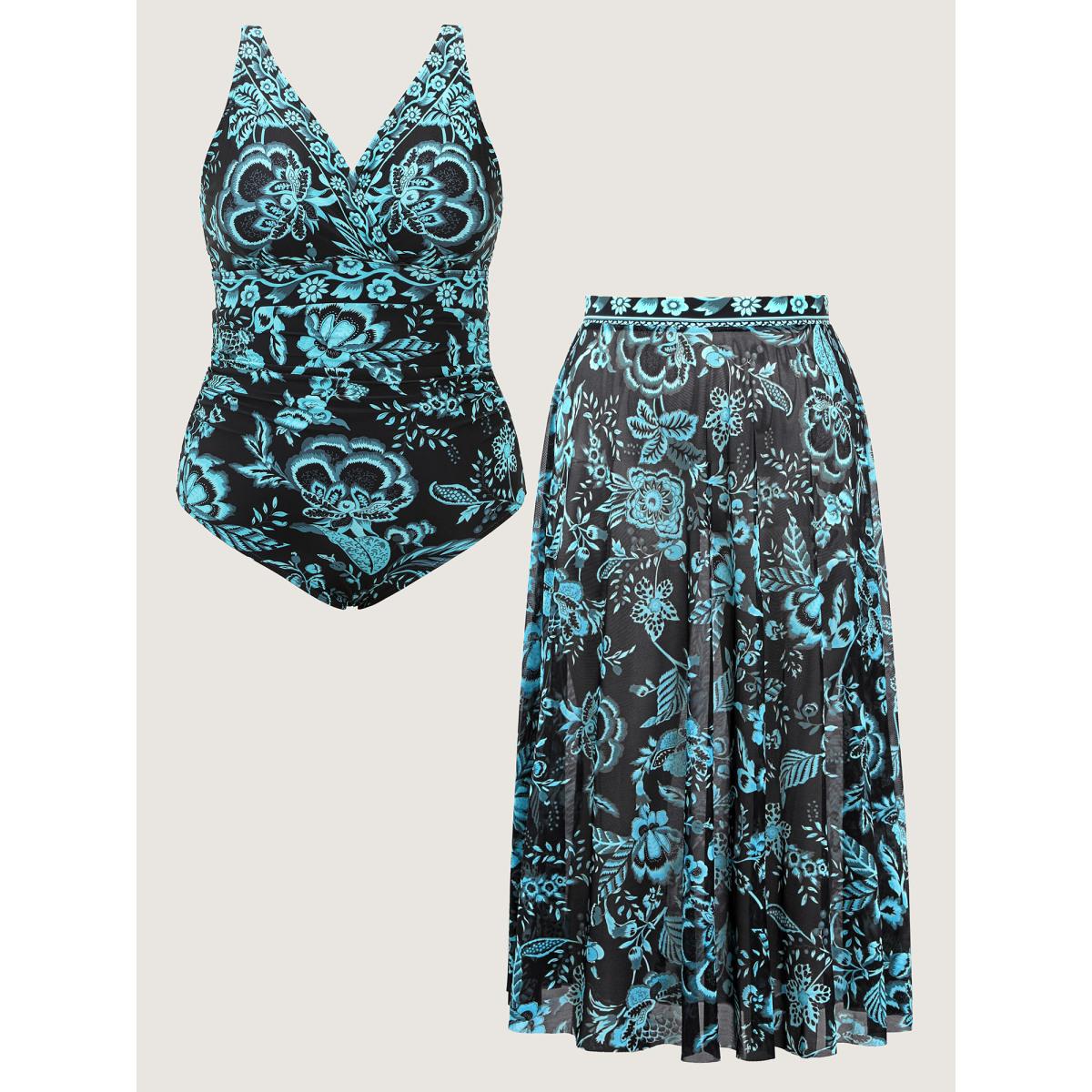 Plus Size Two-Piece Floral Print Ruched Mesh Swimsuit, Sarong Women's Swimwear Black Resort Gathered Curve Bathing Suits High stretch One Pieces BloomChic 30/6X Product Image