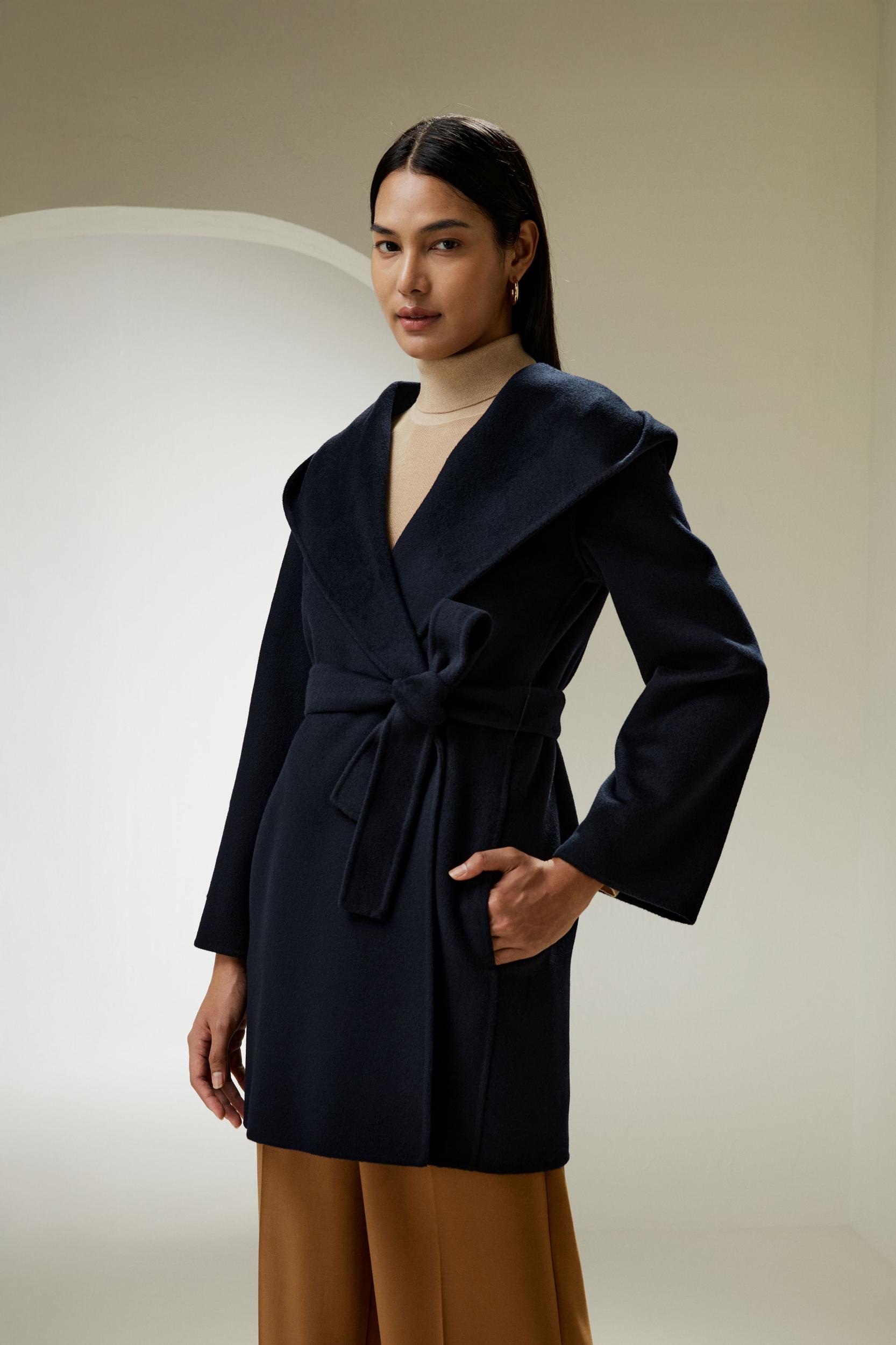 LILYSILK Womens Coats Navy Blue Cashmere Wool Comfortable Hooded Coat M Product Image