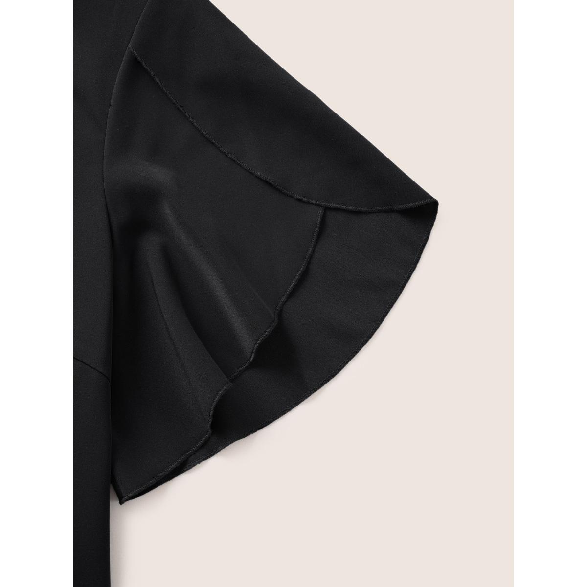 Plus Size Black Solid Keyhole Petal Sleeve Pleated Blouse Women Work From Home Short sleeve Notched collar Work Blouses BloomChic 14-16/1X Product Image