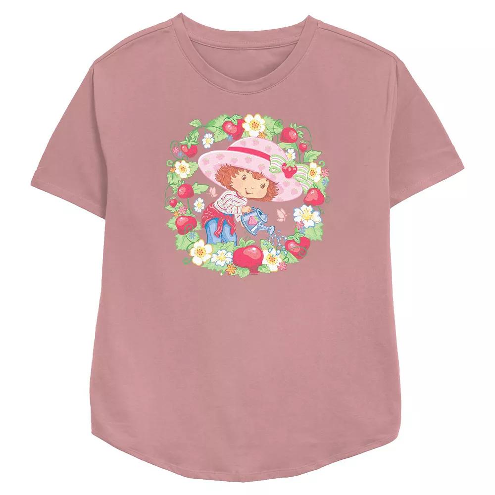 Women's Strawberry Shortcake Flowers And Strawberries Wreath Relaxed Fit Graphic Tee, Size: Medium, Pink Product Image