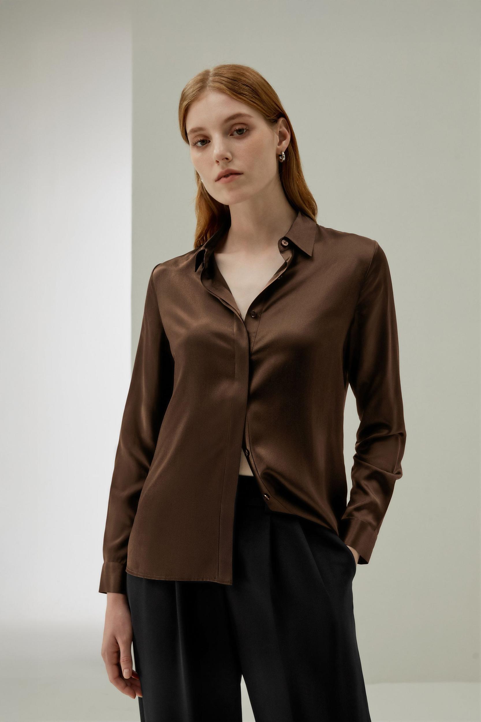 Basic Concealed Placket Silk Shirt Product Image
