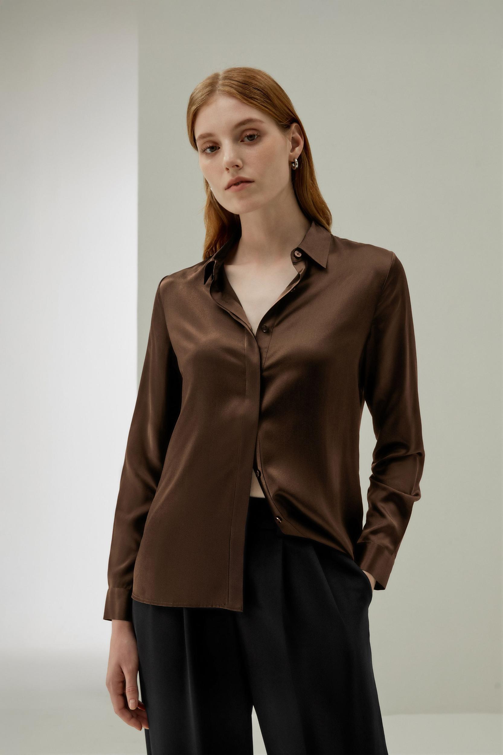 Basic Concealed Placket Silk Shirt Product Image