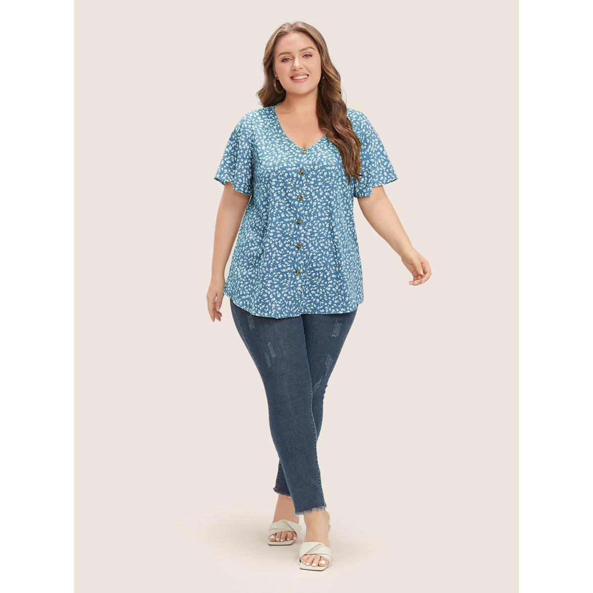Plus Size Blue Ditsy Floral Ruffle Sleeve Button Detail Blouse Women Elegant Short sleeve V-neck Everyday Blouses BloomChic 12/L Product Image