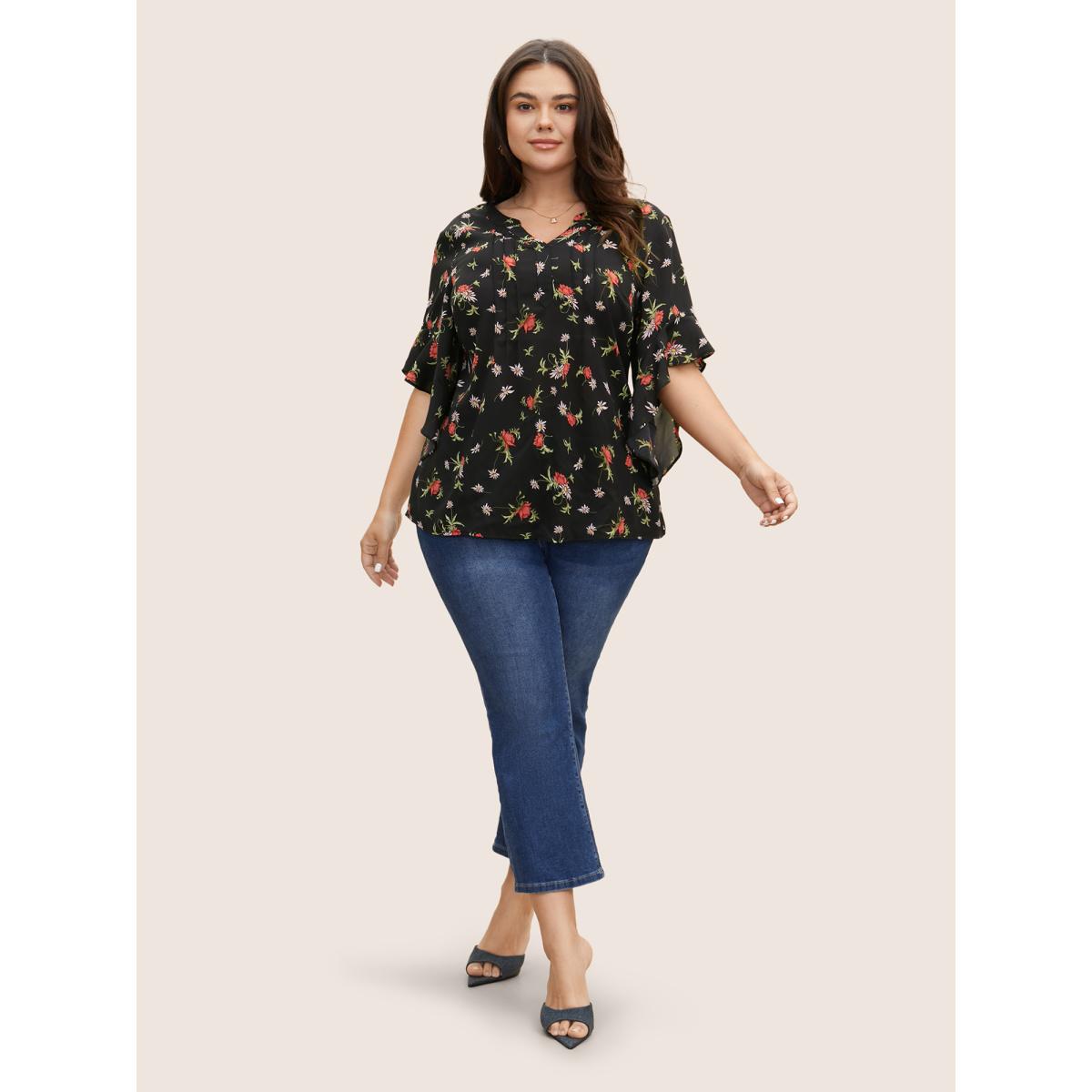 Plus Size Black Notched Floral Pleated Ruffle Sleeve Blouse Women Elegant Half Sleeve Flat collar with V-notch Everyday Blouses BloomChic 14-16/1X Product Image