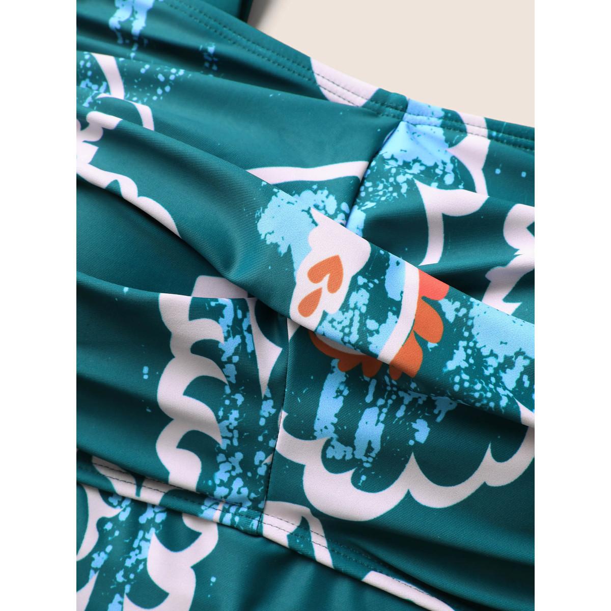 Plus Size Abstract Floral Patchwork Twist One Piece Swimsuit Women's Swimwear Cyan Beach Twist Curve Bathing Suits High stretch One Pieces BloomChic 22-24/3X Product Image