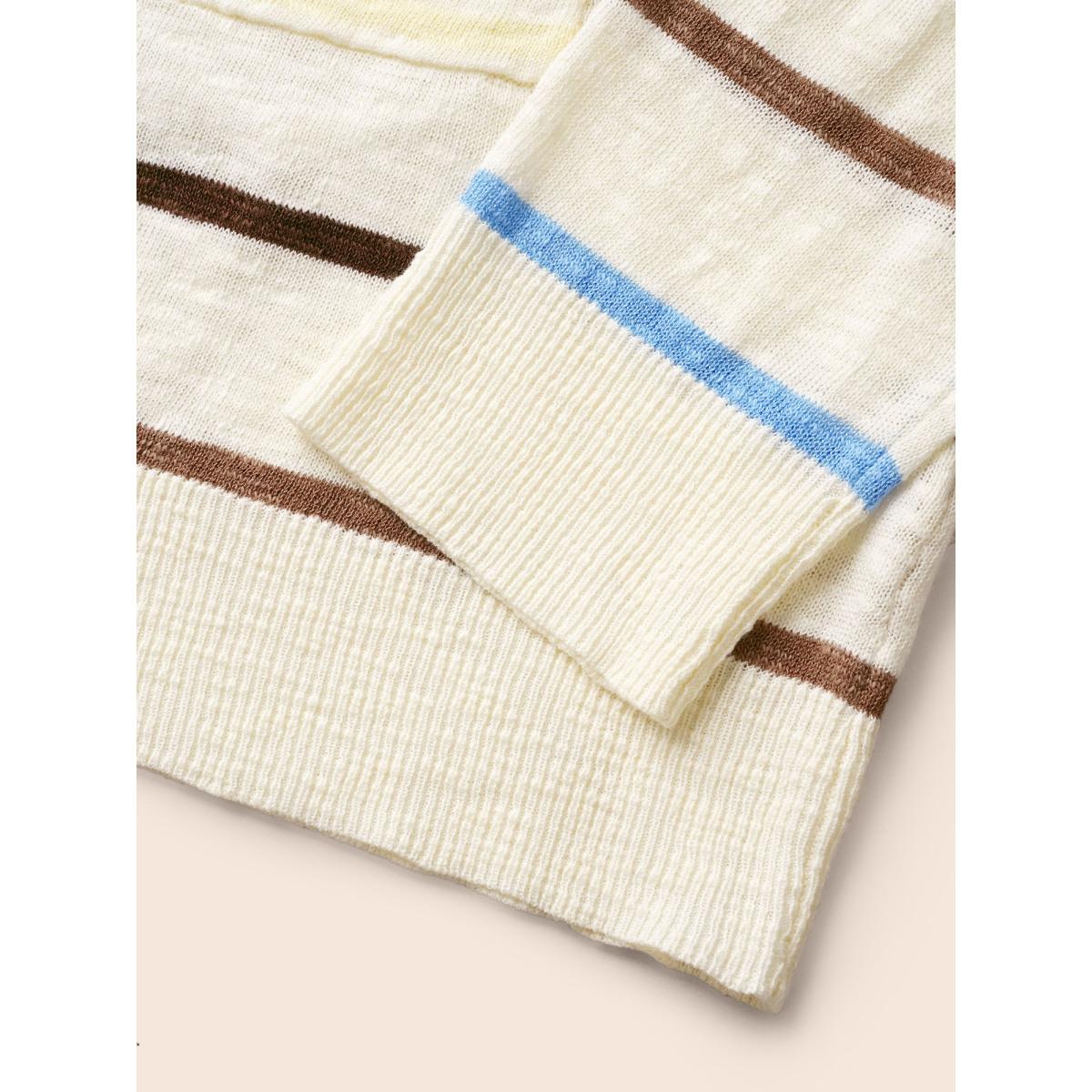 Plus Size Contrast Striped Pocket Open Front Cardigan Beige Women Casual Loose Three Quater Length Sleeve Everyday Cardigans BloomChic 14-16/1X Product Image