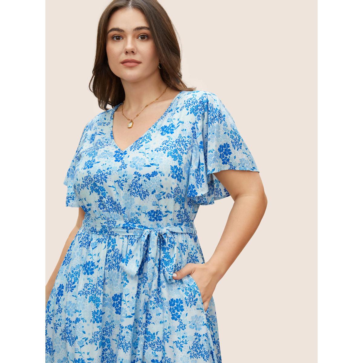 Plus Size V Neck Floral Ruffles Tie Knot Dress Skyblue Women Elegant Tie knot V-neck Short sleeve Curvy Midi Dress BloomChic 22-24/3X Product Image