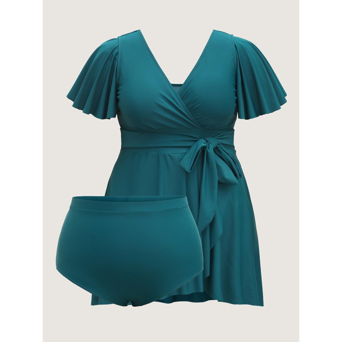 Plus Size Belted Lotus Leaf Sleeve Swim Dress Women's Swimwear Teal Beach Bodycon Overlap Collar High stretch Curve Swim Dresses BloomChic 28/5X Product Image