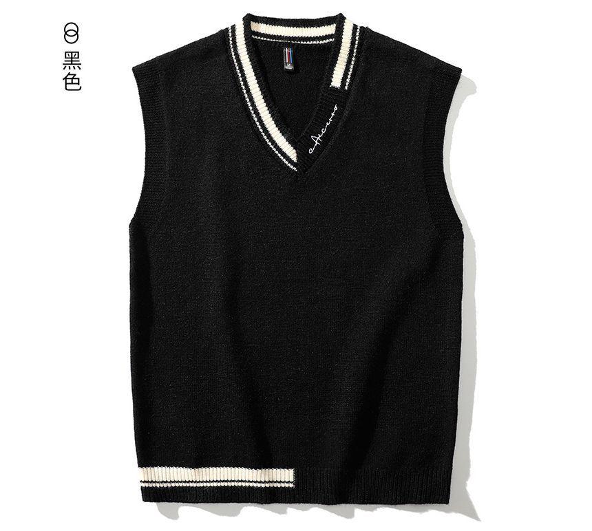 V-Neck Lettering Embroidery Contrast Trim Loose-Fit Sweater Vest Product Image