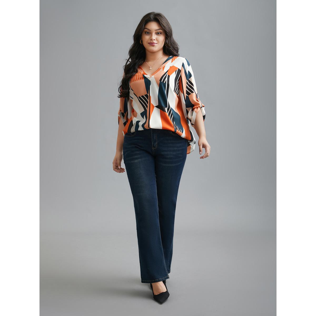 Plus Size Multicolor Abstract Print Tab Sleeve Blouse Women Office Elbow-length sleeve V-neck Office Blouses BloomChic 10/M Product Image