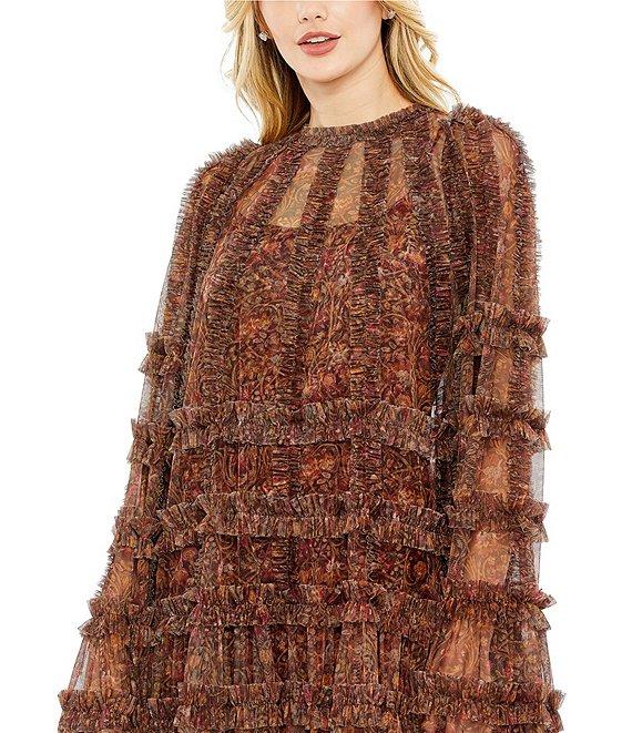 Mac Duggal Floral Print Mesh Ruffle Tier Flare Sleeve Mini Dress Product Image