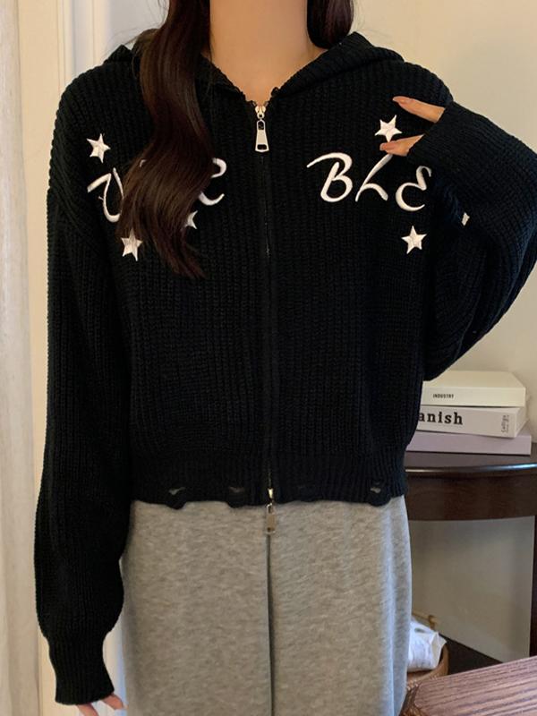 Star Letter Embroidered Hooded Double Zip Tattered Cardigan Product Image