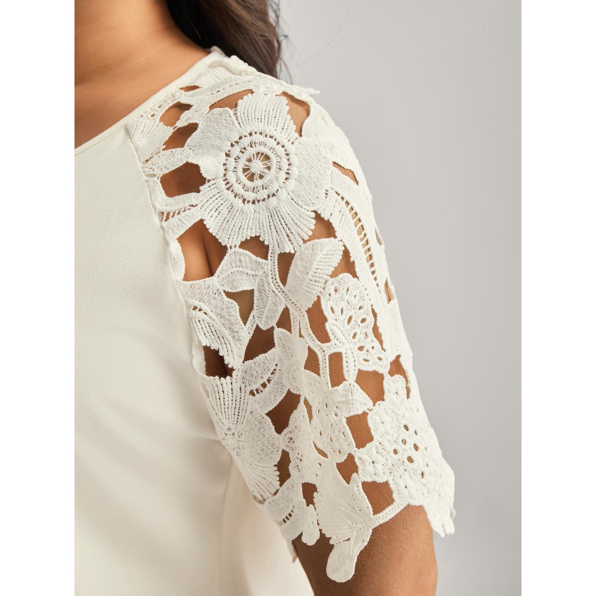 Plus Size Lace Cut-Out Sleeve Solid T-Shirt Originalwhite Women Leisure Round Neck Casual T-shirts BloomChic 18-20/2X Product Image