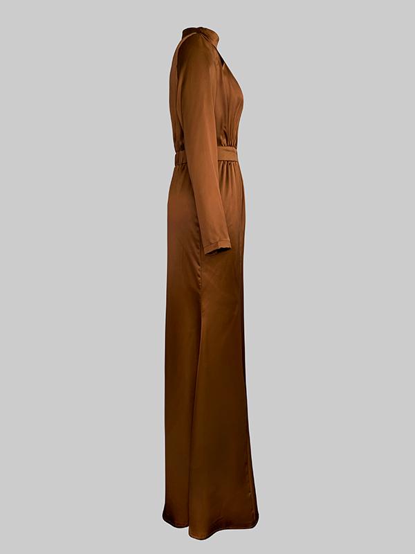 Long Sleeves Loose Pleated Shiny Solid Color Split-Joint Tied Waist High Neck Evening Dresses Maxi Dresses Product Image
