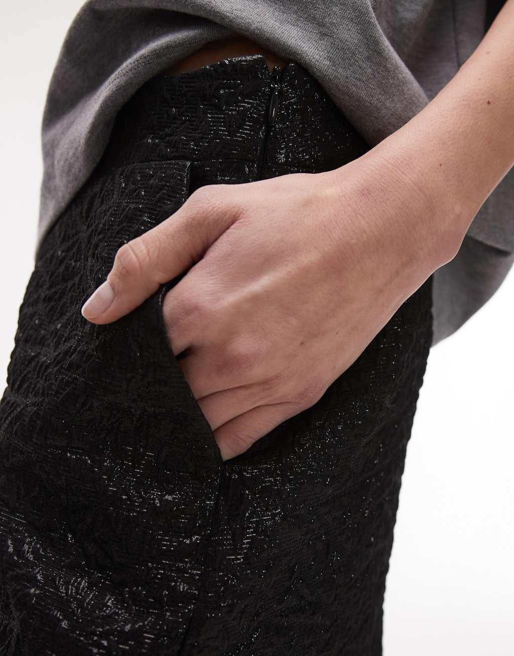 Topshop textured jacquard mini skirt in black Product Image