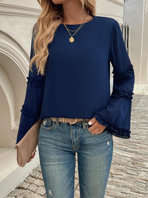 Flared Sleeves Long Sleeves Solid Color Split-Joint Round-Neck T-Shirts Tops Product Image