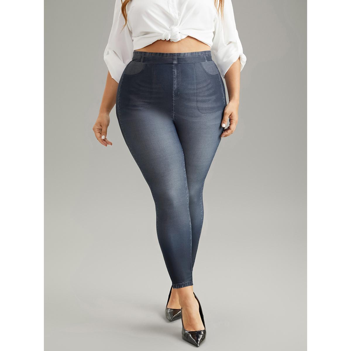 Plus Size Denim Effect Print Pocket High Rise Leggings Women Indigo Casual High stretch Skinny High Rise Dailywear Leggings BloomChic 10/M Product Image